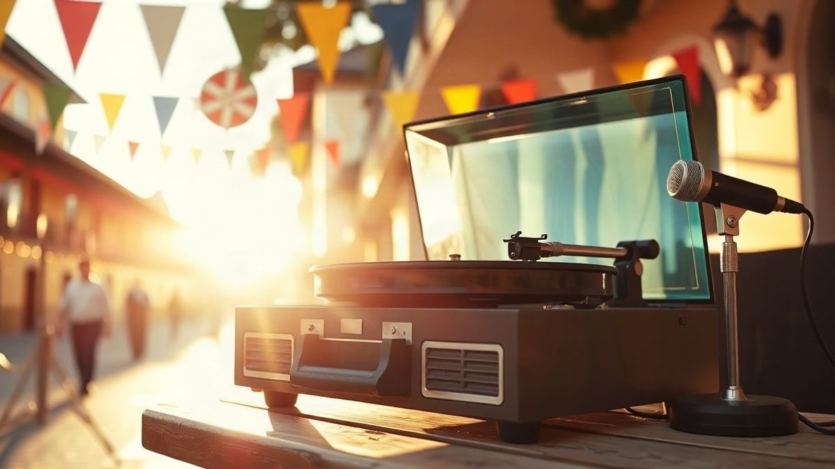 Imagen ilustrativa: un tocadiscos antiguo sobre una mesa en una plaza al atardecer, con luces decorativas de fondo.