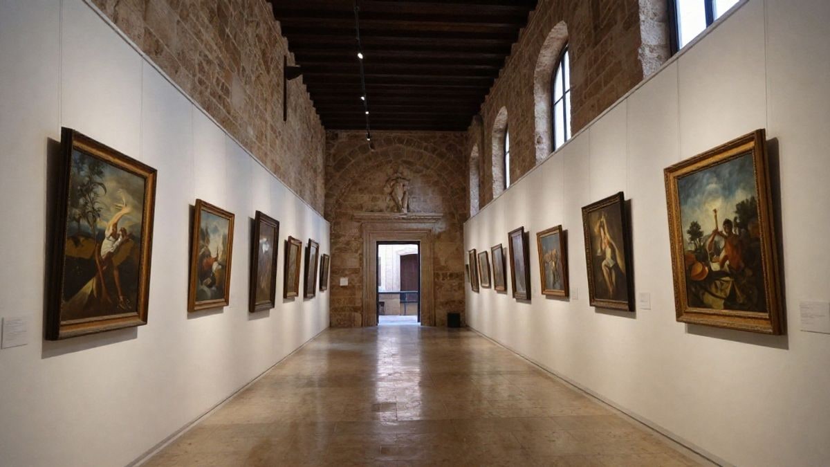 Imagen ilustrativa: claustro de piedra restaurado con cuadros colgados en las paredes y luz natural entrando por los arcos