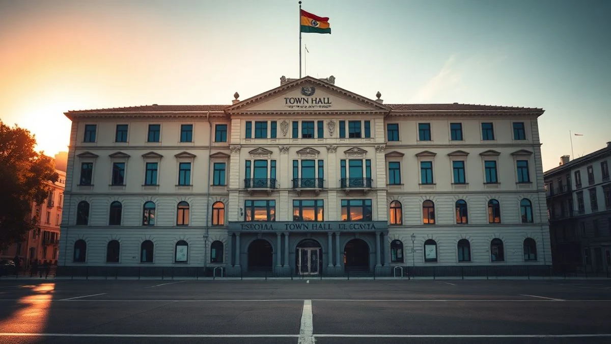 Illustrative image: facade of a generic town hall building at sunset, with silhouettes and long shadows in an empty square.