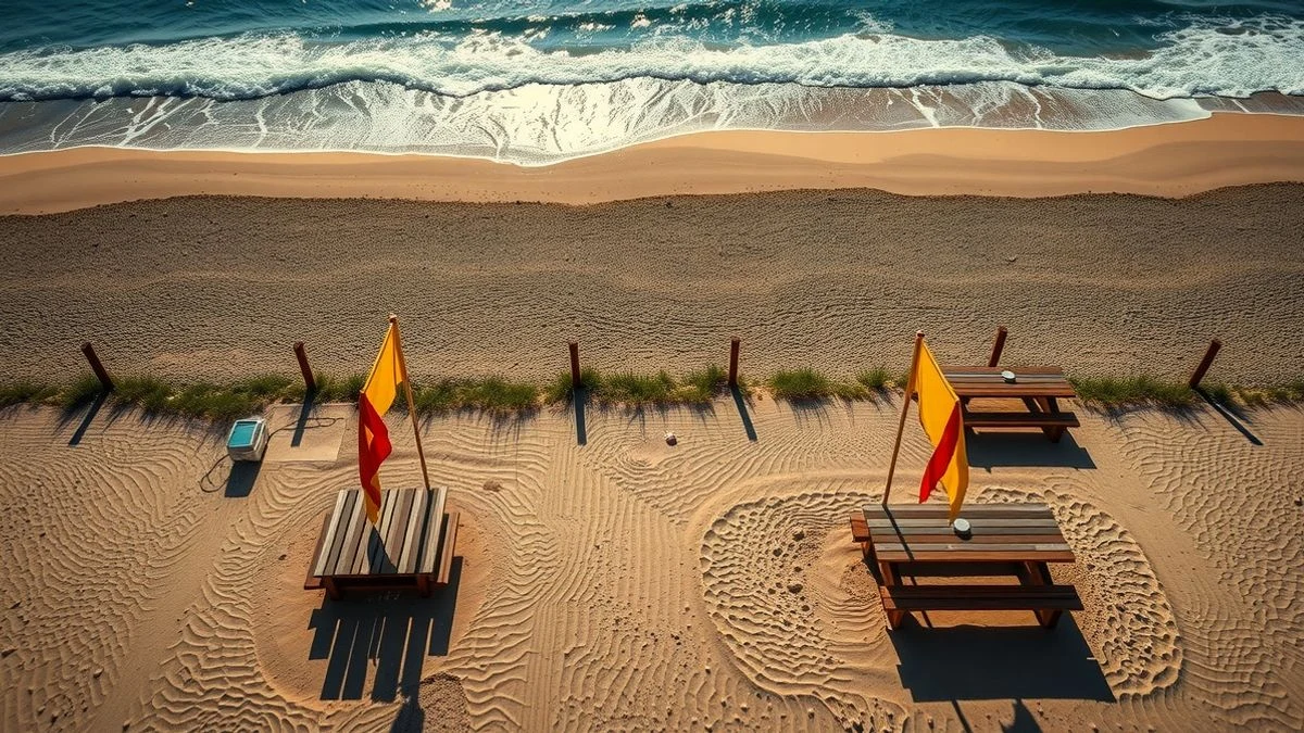 Vista aérea de una playa de Marbella con zonas de moragas vacías y mesas de madera