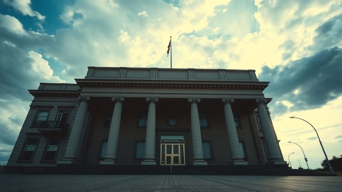 Facade of an empty institutional building with sky in the background