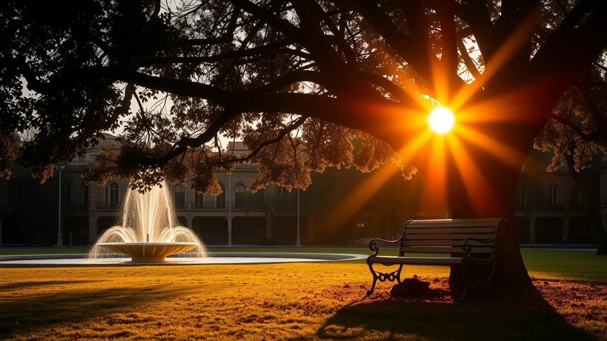 Banco de parque bajo un árbol con sombras largas al atardecer, con una fuente de agua al fondo