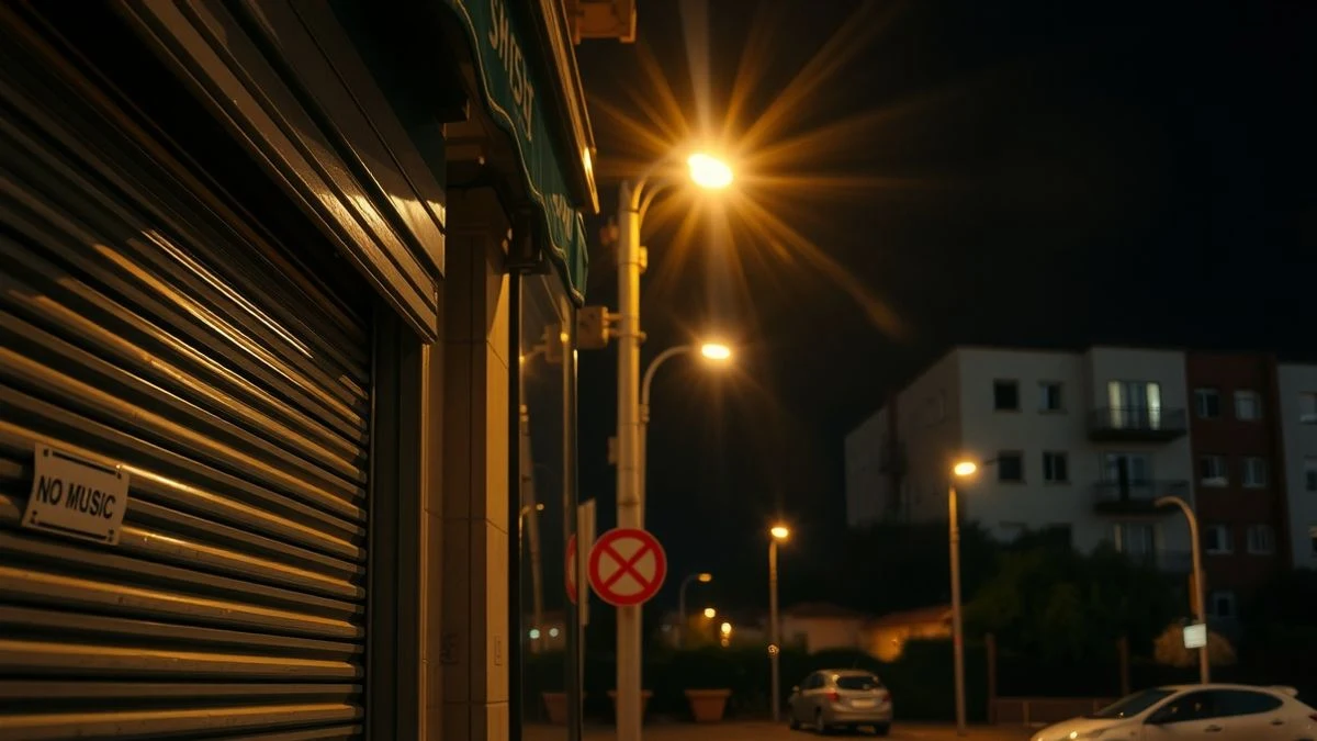 Calle nocturna de Málaga con farolas, persiana metálica de un bar cerrado y edificios residenciales al fondo.