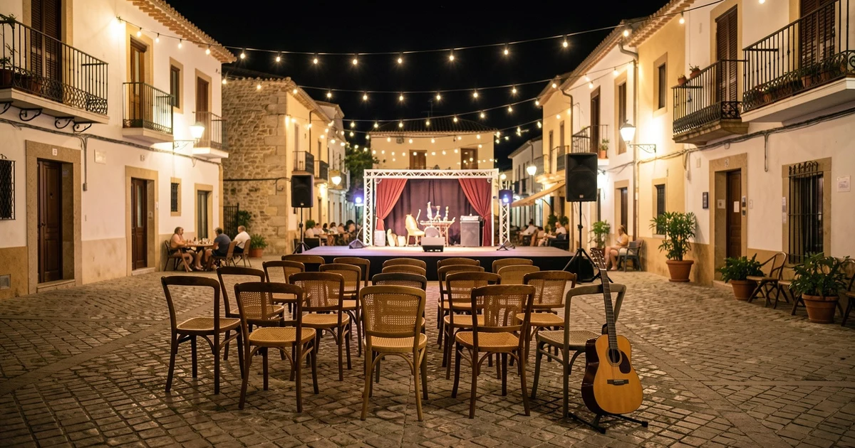 Plaza de los Cangrejos de Nerja con escenario al aire libre y sillas vacías bajo luces de colores