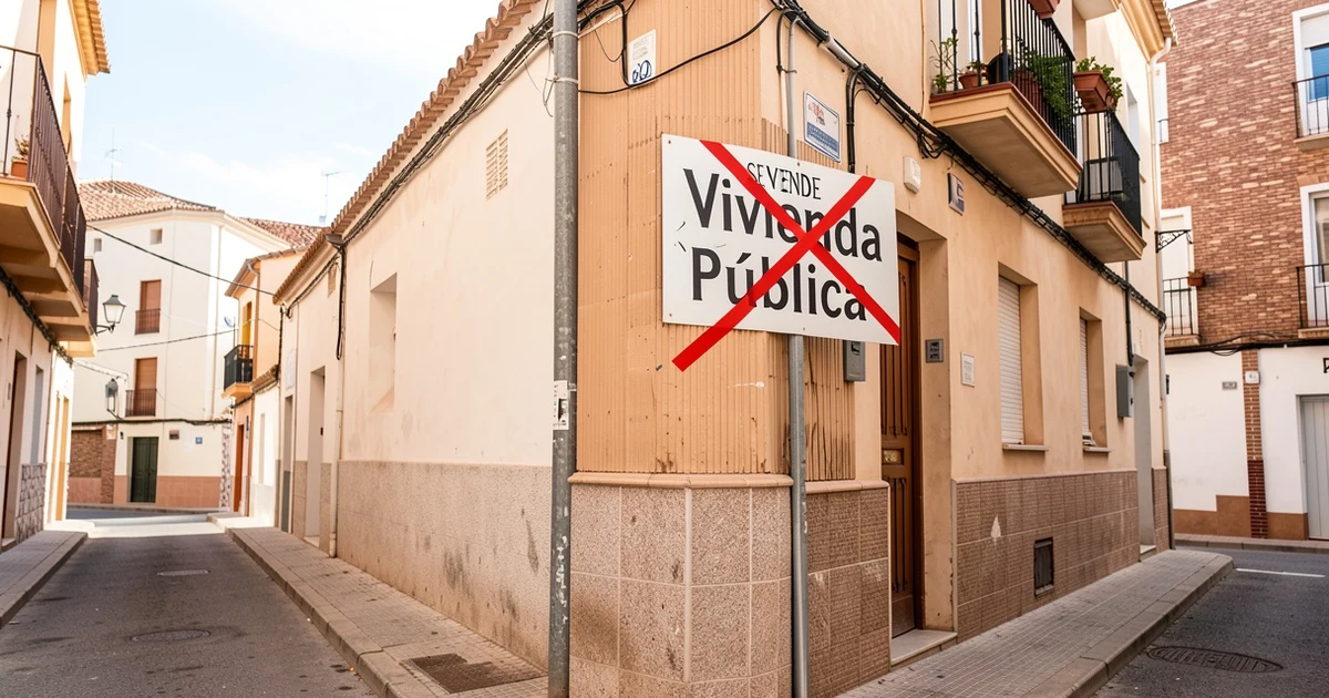 Residential building with a sale sign crossed out and replaced by public housing
