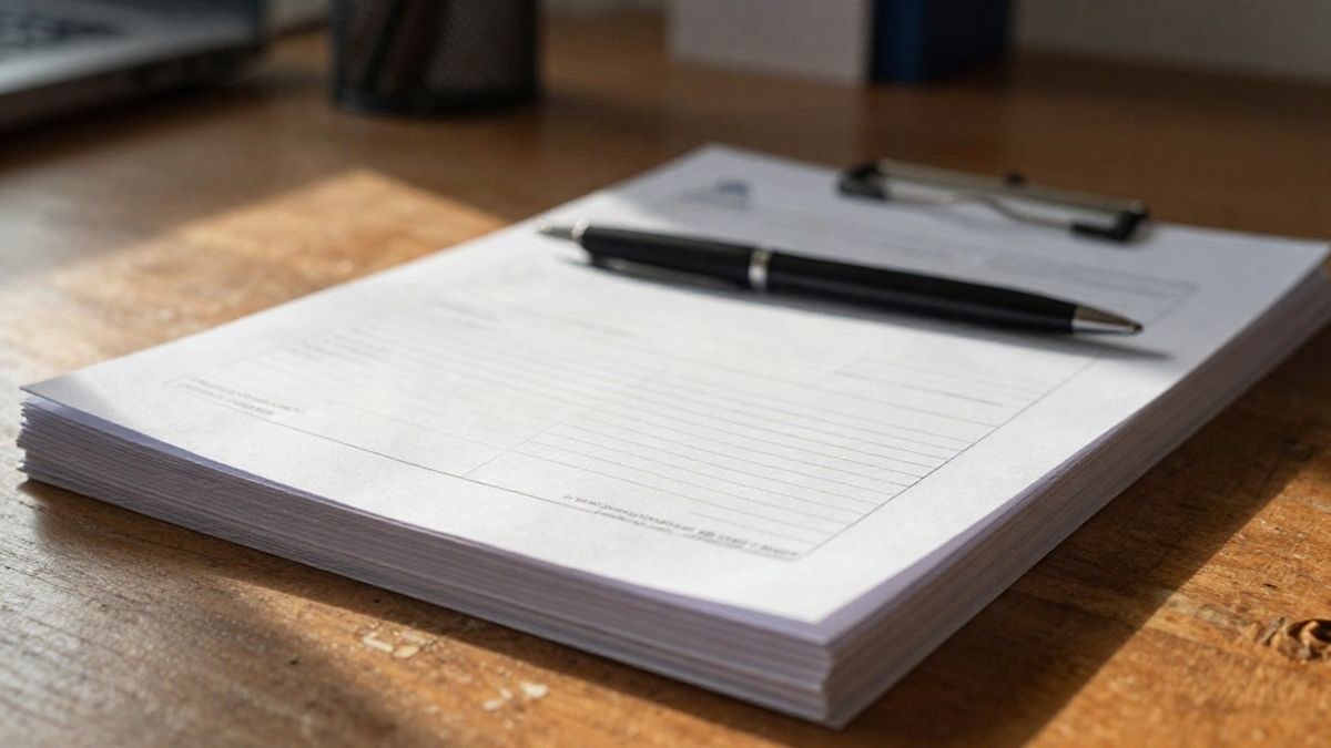 Imagen ilustrativa: detalle de formularios en blanco y un bolígrafo sobre una mesa de madera en una oficina
