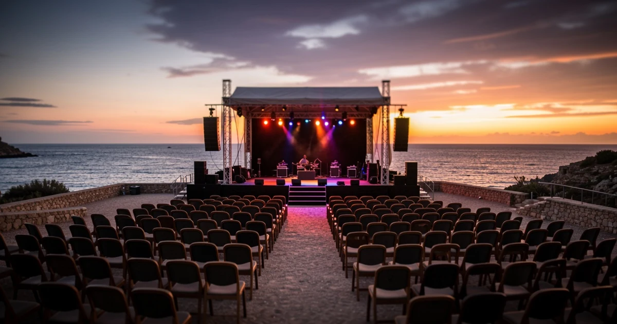 Escenario de Marenostrum Fuengirola al atardecer, con el mar de fondo y sillas vacías