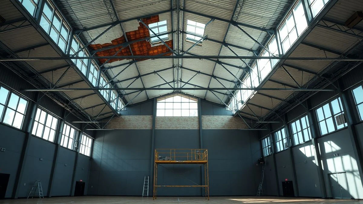 Illustrative image: interior of a sports pavilion with the roof under repair, scaffolding and natural light coming through the windows.