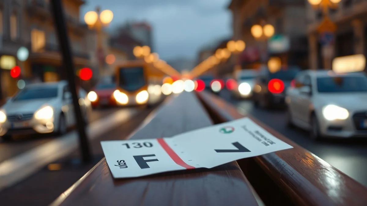 Imagen ilustrativa: primer plano de un billete de autobús sobre un banco de madera, con luces de ciudad desenfocadas al fondo.