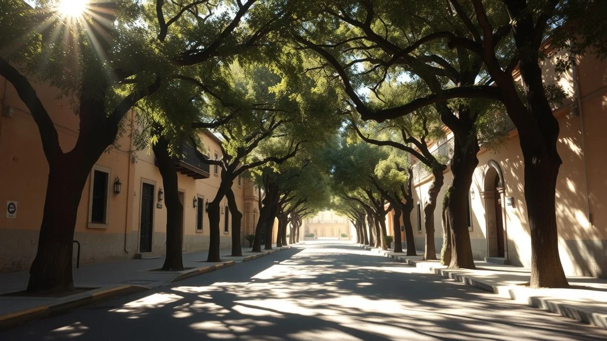 Calle arbolada de Marbella con luz de sol filtrándose entre las hojas