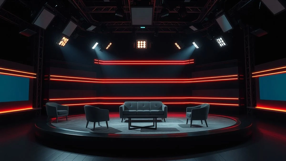 Illustrative image: empty TV studio illuminated with spotlights and neon lights at night.