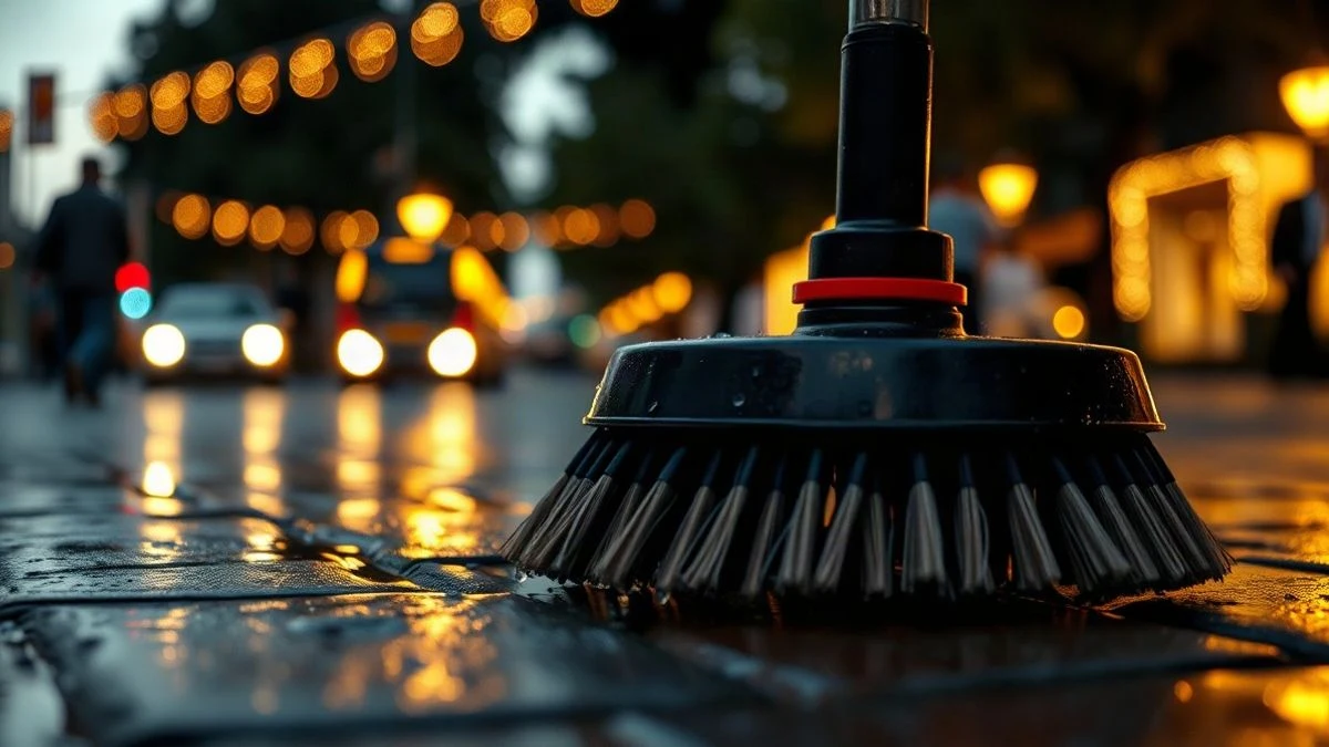 Imagen ilustrativa: detalle de un cepillo de barredora y agua sobre el pavimento al atardecer, con luces festivas difuminadas al fondo.