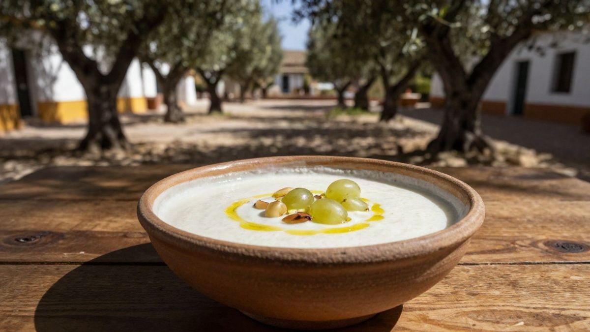 Illustrative image: a ceramic bowl of ajoblanco garnished with grapes and olive oil on a wooden table in an Andalusian courtyard.