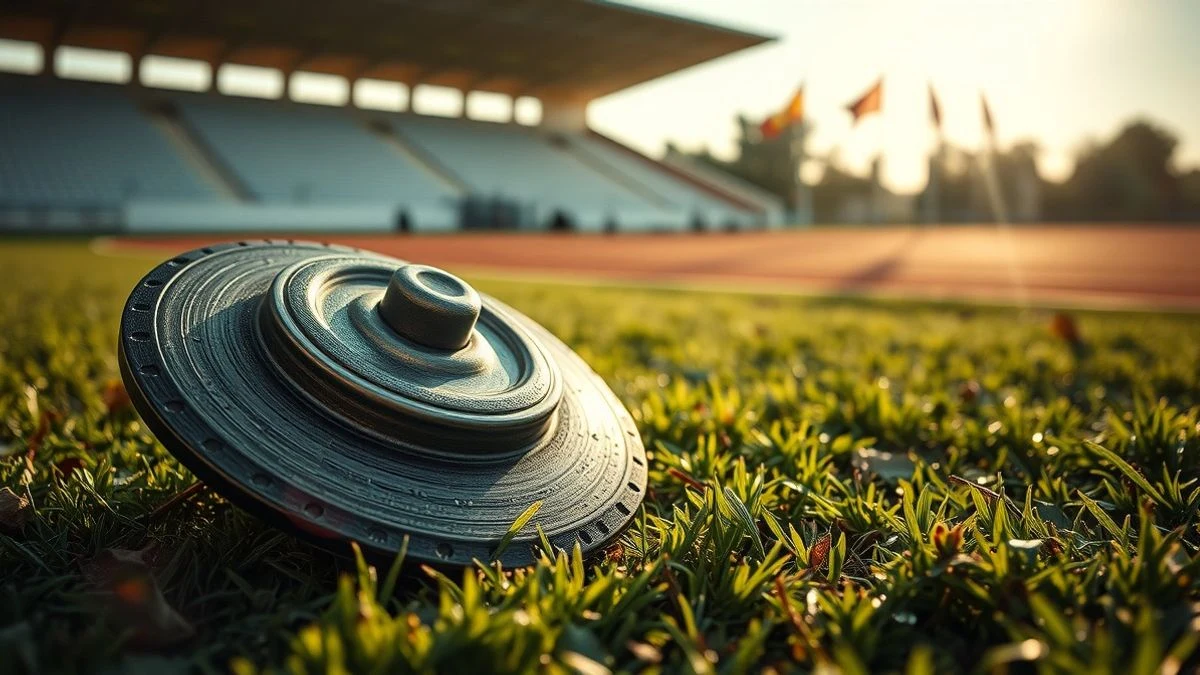 Imagen ilustrativa: un disco de atletismo sobre el césped con luz matinal y una pista de atletismo al fondo.