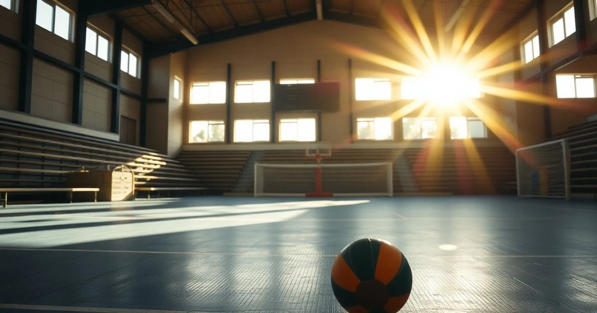 Pista de balonmano vacía con portería y balón en el suelo, iluminada por luz natural
