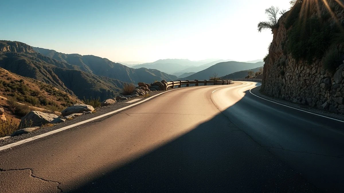Mountain road with cracks and patches, wide-angle view with sunset light