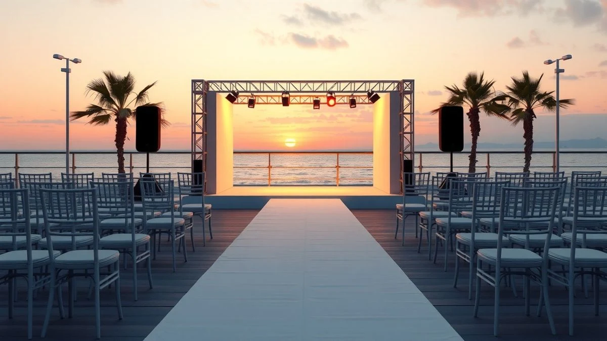 Illustrative image: an empty fashion runway at sunset by the sea, with white chairs and warm lights.