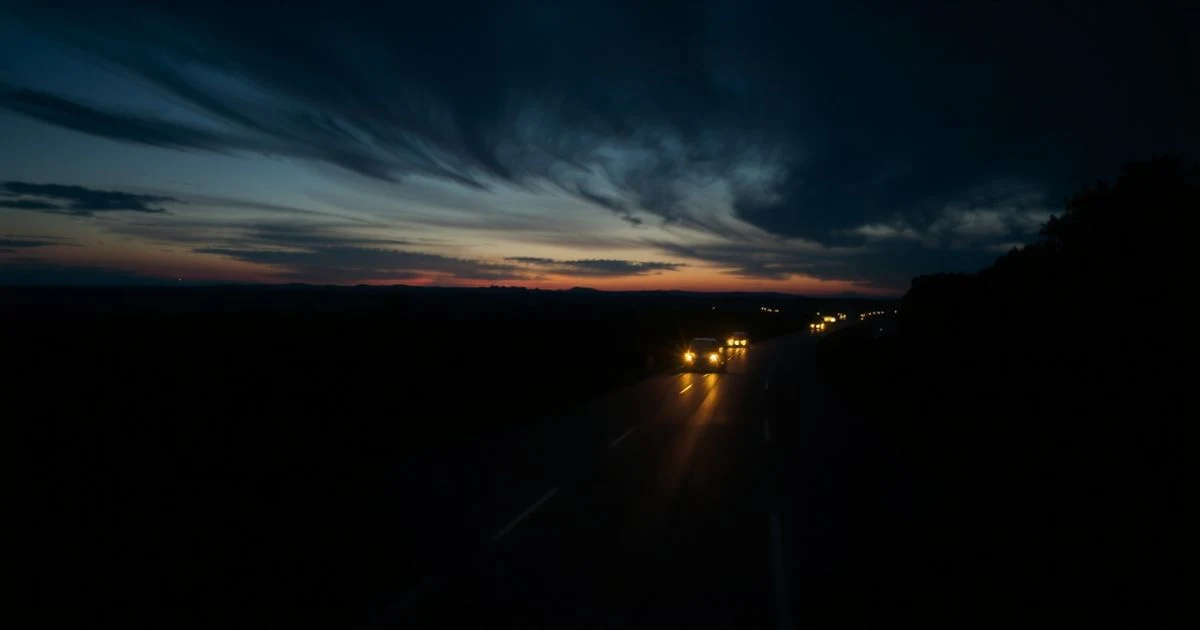 Empty motorway at dawn with police tape and car lights