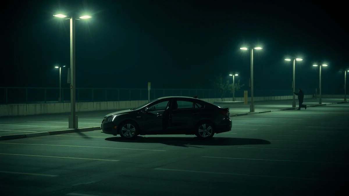 Aparcamiento nocturno con luz artificial y un coche con la puerta entreabierta