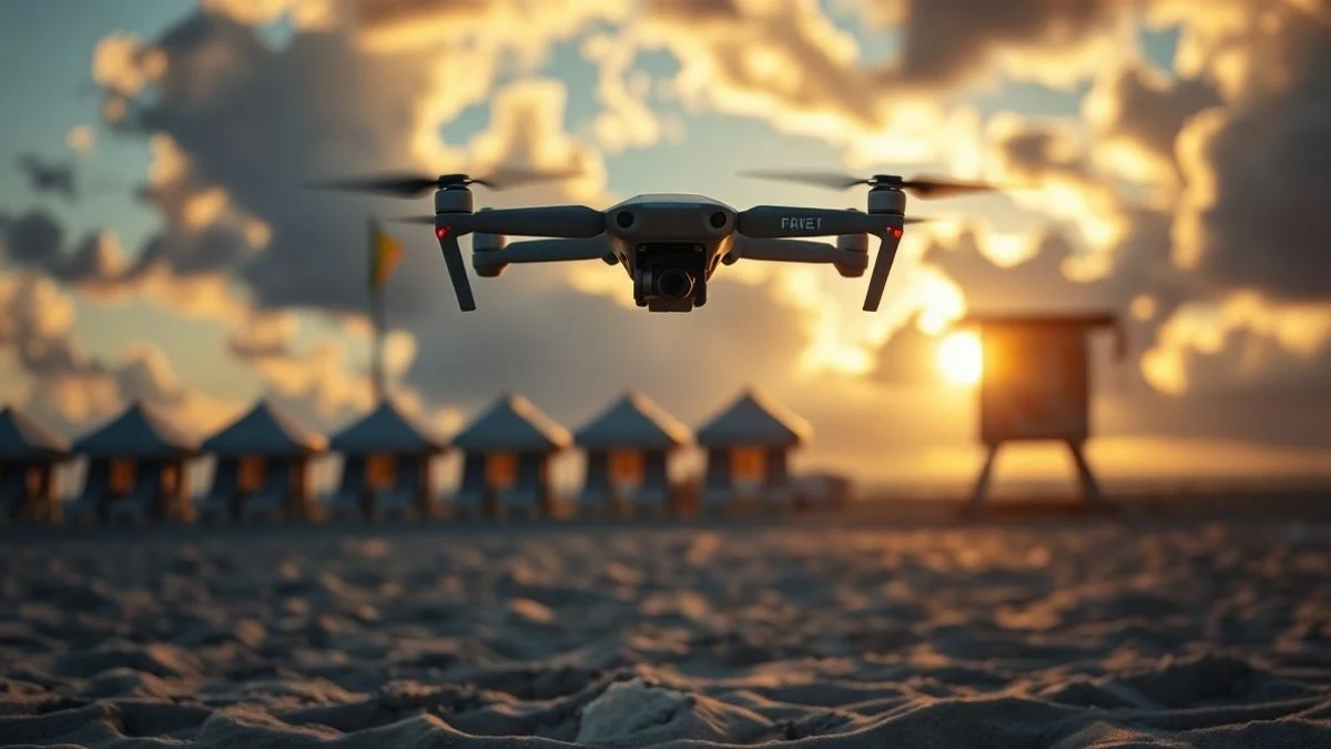 Illustrative image: a drone flying over a Mediterranean beach at sunset, with a lifeguard tower and umbrellas in the background.