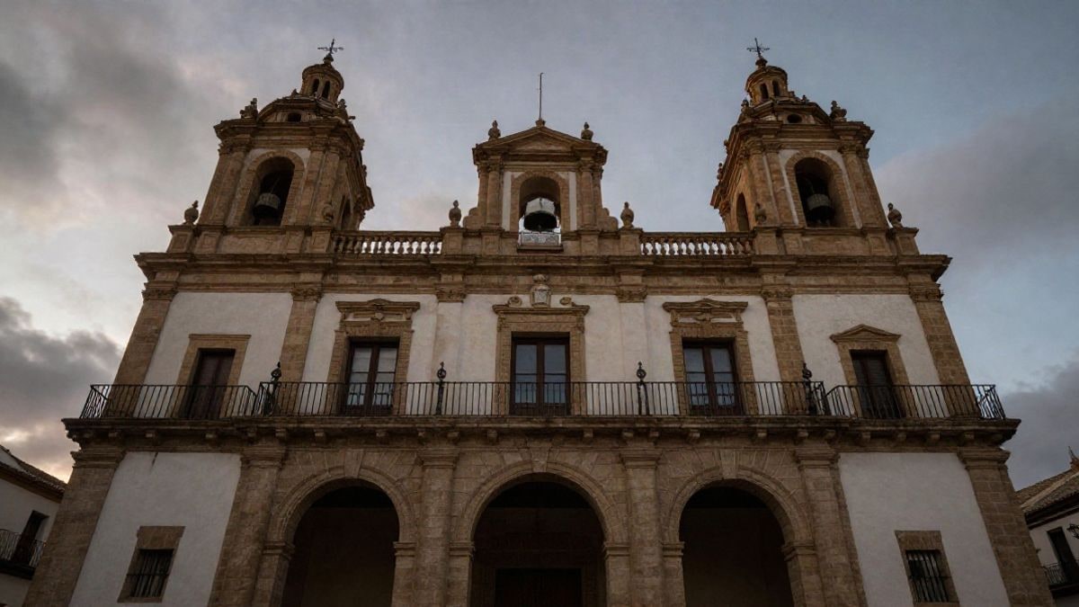 Illustrative image: facade of an Andalusian town hall at sunset with people seen from behind at the entrance.