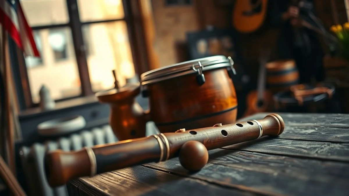 Imagen ilustrativa: un bodhrán y una flauta de madera sobre una mesa rústica junto a una ventana con luz lateral
