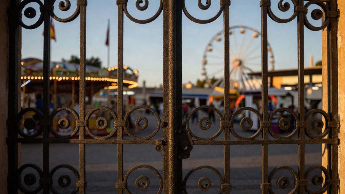Illustrative image: detail of a wrought iron gate with fair lights in the background