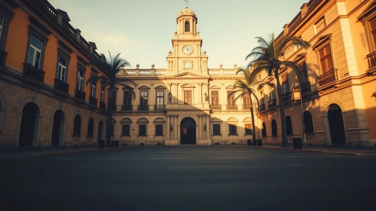 Imagen ilustrativa: fachada de un ayuntamiento histórico con torre del reloj en una calle vacía al atardecer