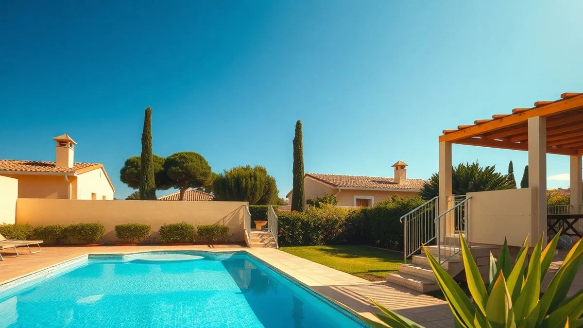 Vista aérea de una residencia de mayores moderna con piscina y jardines en Marbella