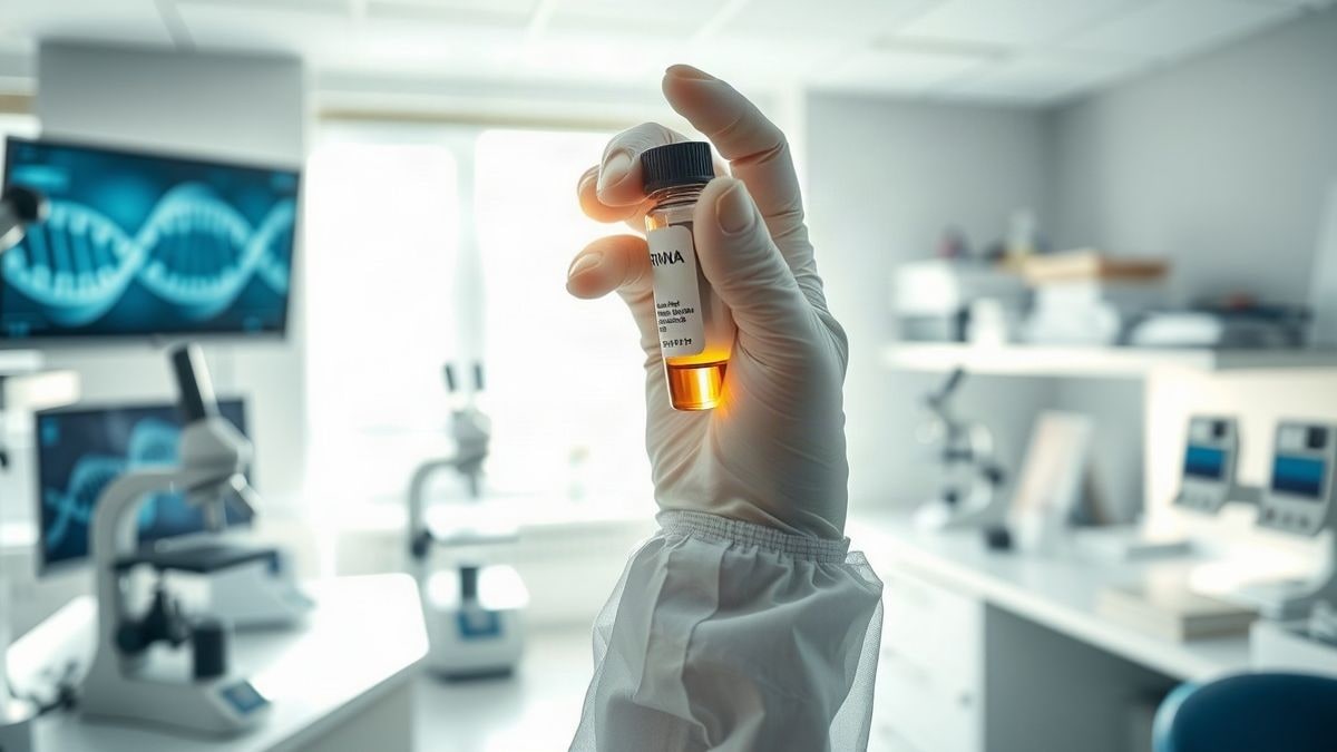 Illustrative image: a laboratory with a vaccine vial on the table and research equipment in the background