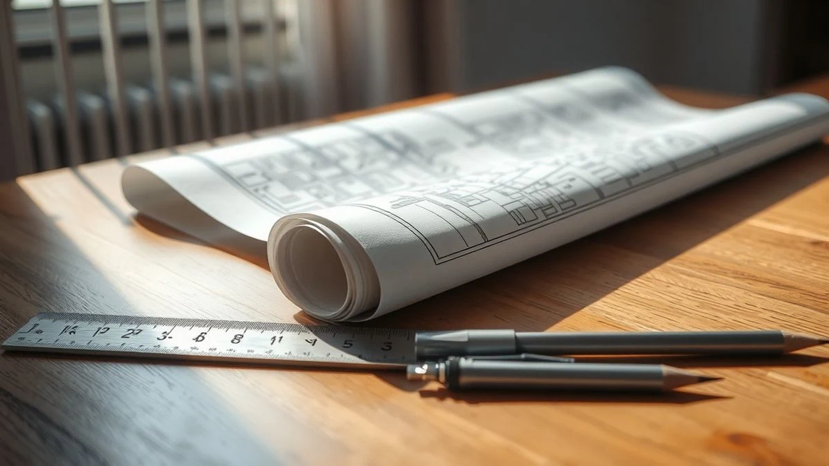 Illustrative image: Urban planning map rolled out on a wooden table, with ruler and pencil, illuminated by natural light.