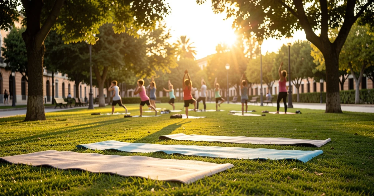 Atardecer en un parque con esterillas de yoga sobre el césped