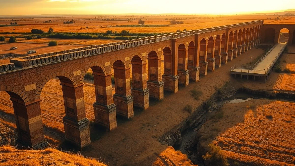 Vista aérea del acueducto de arcos de ladrillo en un paisaje agrícola