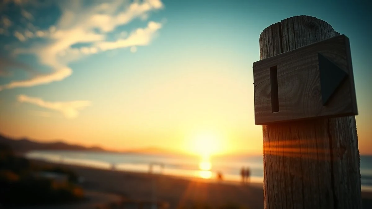 Worn wooden sign pointing to Marbella at sunset, with beach and blurred mountains in the background.