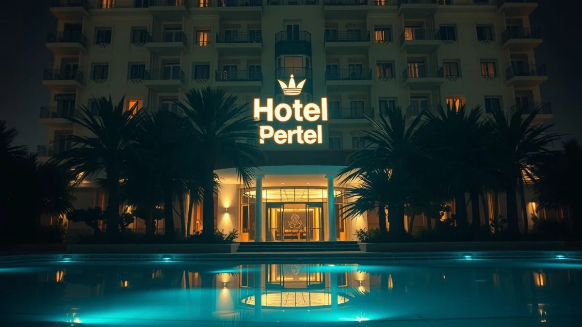 Illustrative image: entrance of a luxury hotel illuminated by soft neon lights at night, with palm trees and an empty pool.