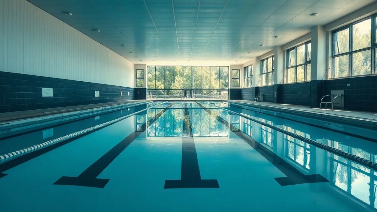 Imagen ilustrativa: una piscina cubierta vacía con agua turquesa y luz natural entrando por ventanales.