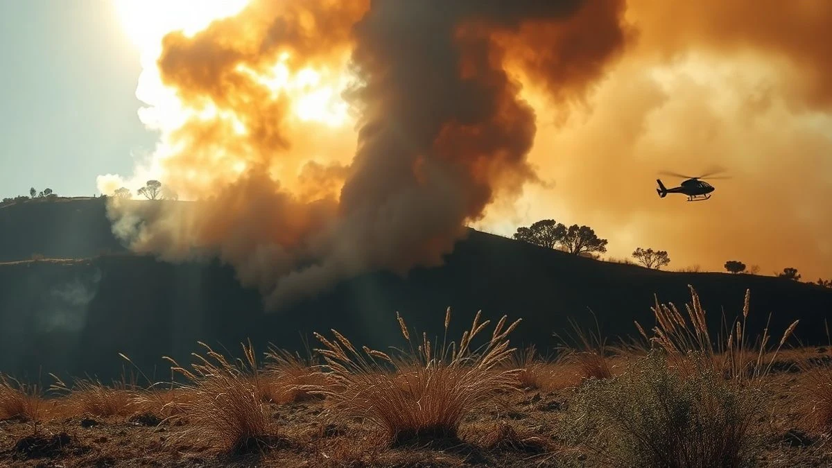 Illustrative image: smoke column from a forest fire on a hillside with dry vegetation and a firefighting helicopter in the background.