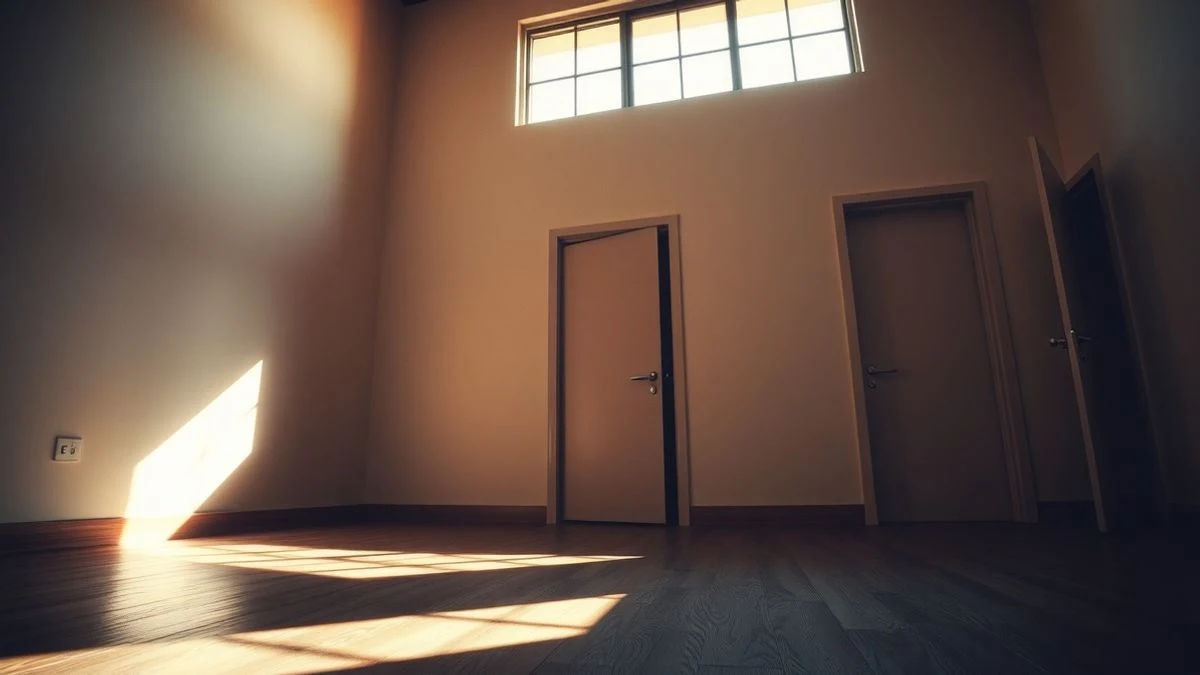Illustrative image: empty interior of a premises with natural light and three doors