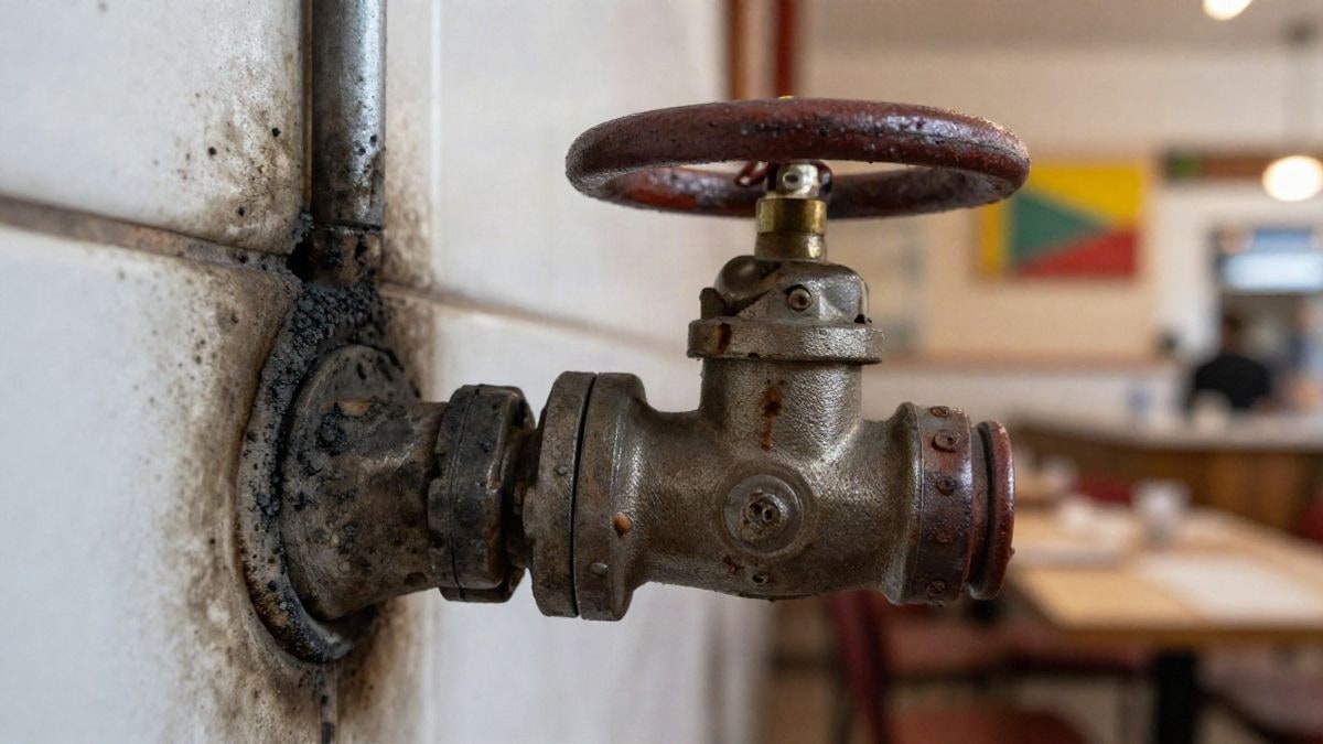 Imagen ilustrativa: primer plano de una válvula de gas chamuscada sobre una pared con signos de hollín