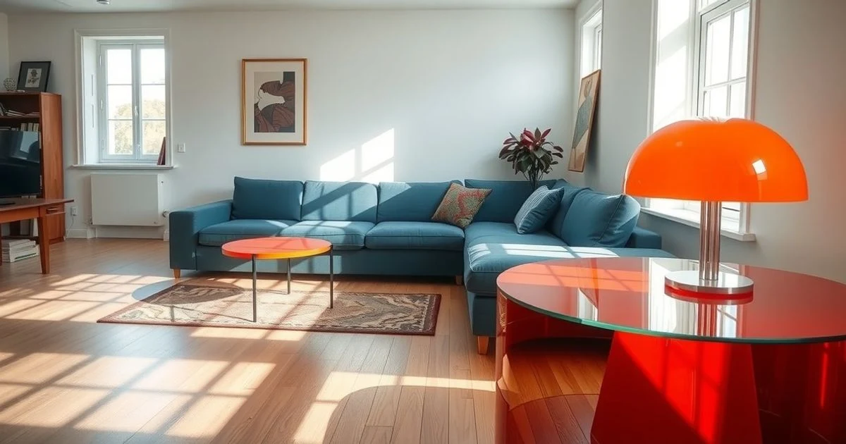 Salón luminoso con sofá azul, mesa naranja y lámpara de diseño en esquina