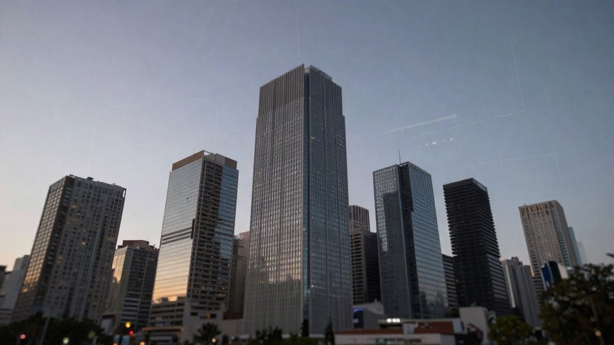 Imagen ilustrativa: ángulo bajo de una ciudad moderna al atardecer con una sutil retícula digital superpuesta
