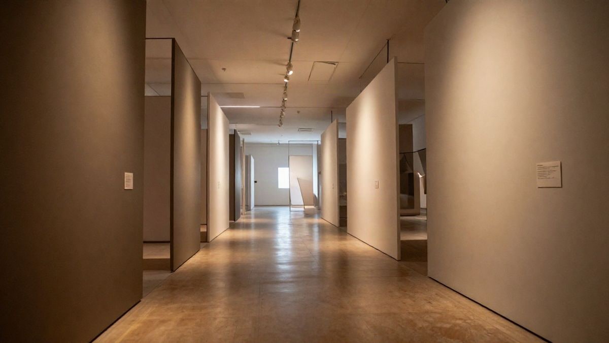 Imagen ilustrativa: sala expositiva moderna con vitrinas y paneles de gran formato bajo focos cálidos