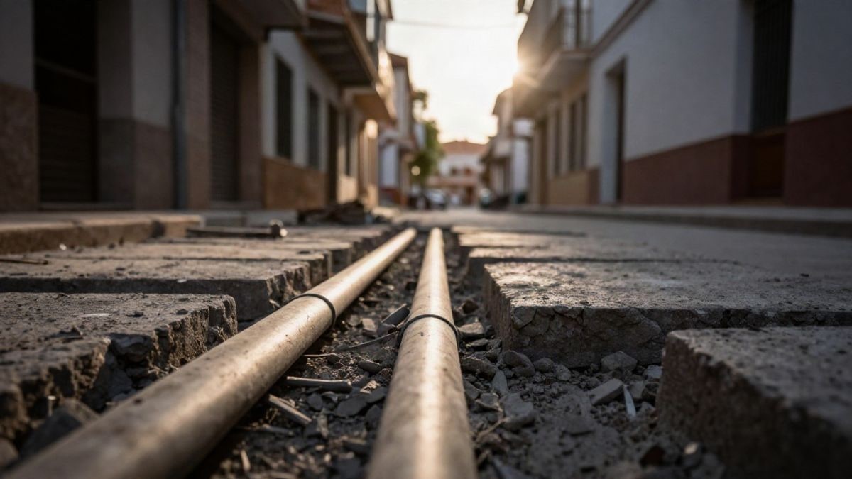 Illustrative image: residential street under construction viewed from the ground with new pipes and pavement