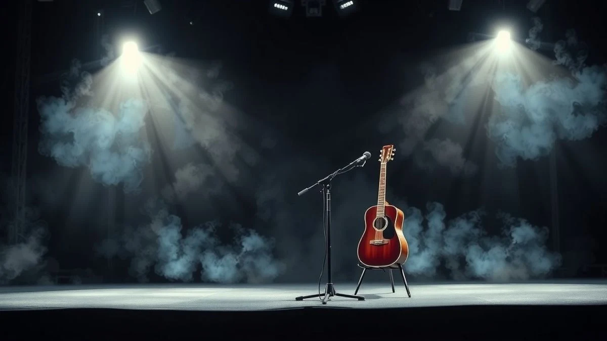Imagen ilustrativa: un escenario vacío con micrófono y guitarra, iluminado con luces de concierto y neblina.