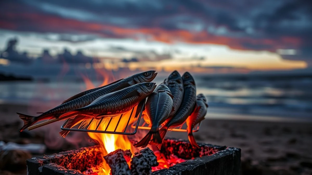 Imagen ilustrativa: sardinas en espeto sobre brasas en una playa al atardecer, con humo y el mar de fondo.