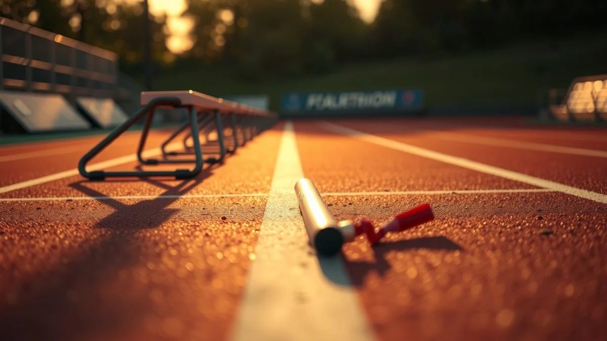 Primer plano de un testigo de relevos sobre la pista de atletismo al atardecer