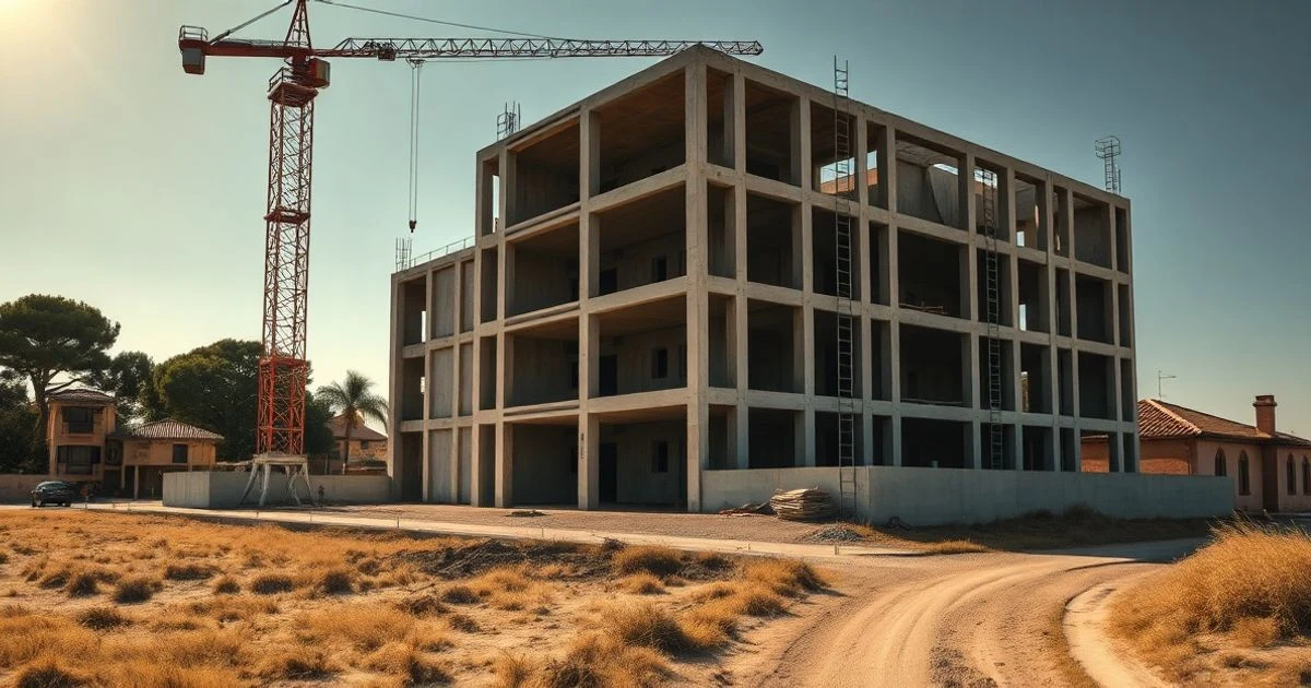 Half-built elderly residence in Marbella, with crane and scaffolding, at sunset.