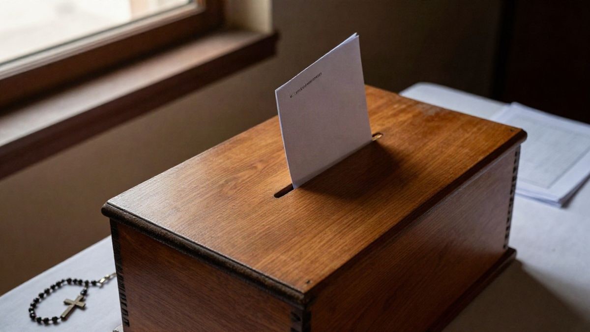 Illustrative image: overhead view of a wooden ballot box on a table in a brotherhood house