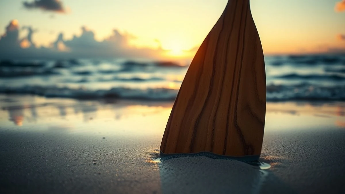 Imagen ilustrativa: pala de kayak de madera sobre la arena mojada al atardecer, con el mar de fondo.