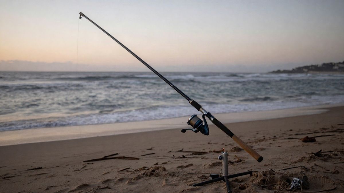 Imagen ilustrativa: una caña de pescar en la arena de una playa al amanecer, con el mar al fondo.